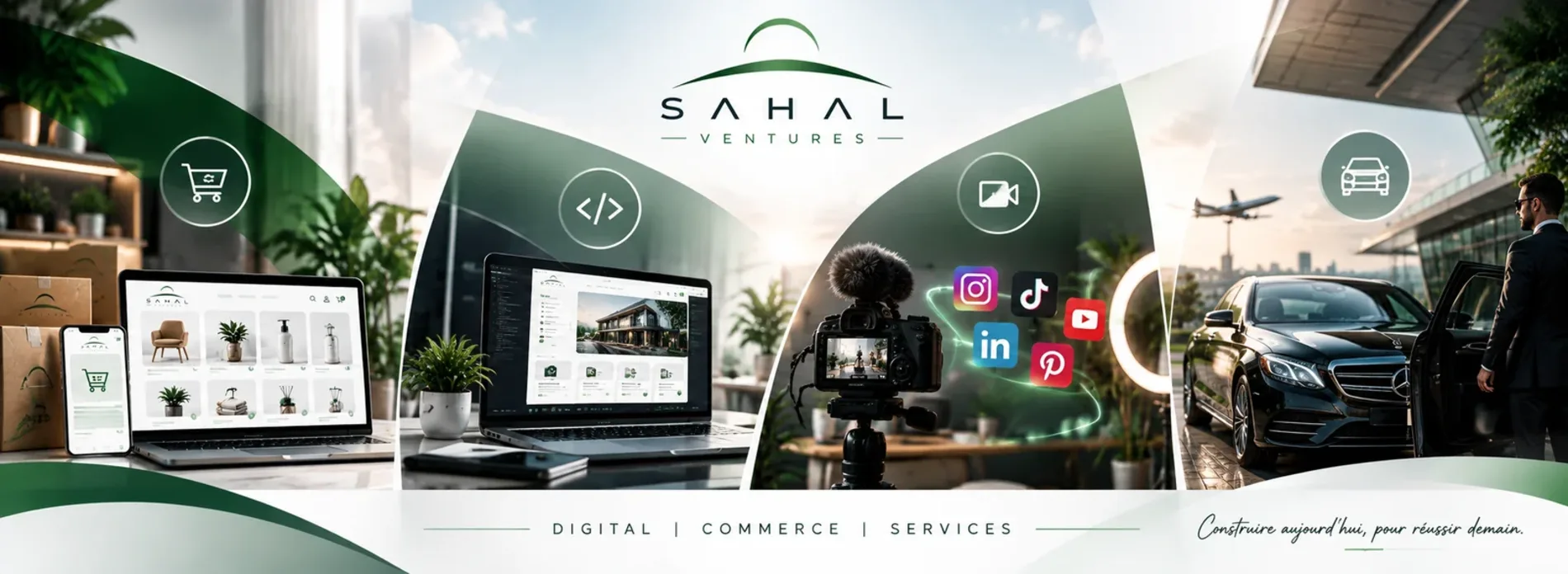 Les activités de Sahal Ventures : e-commerce, création de sites internet, contenu et réseaux sociaux, transport VTC