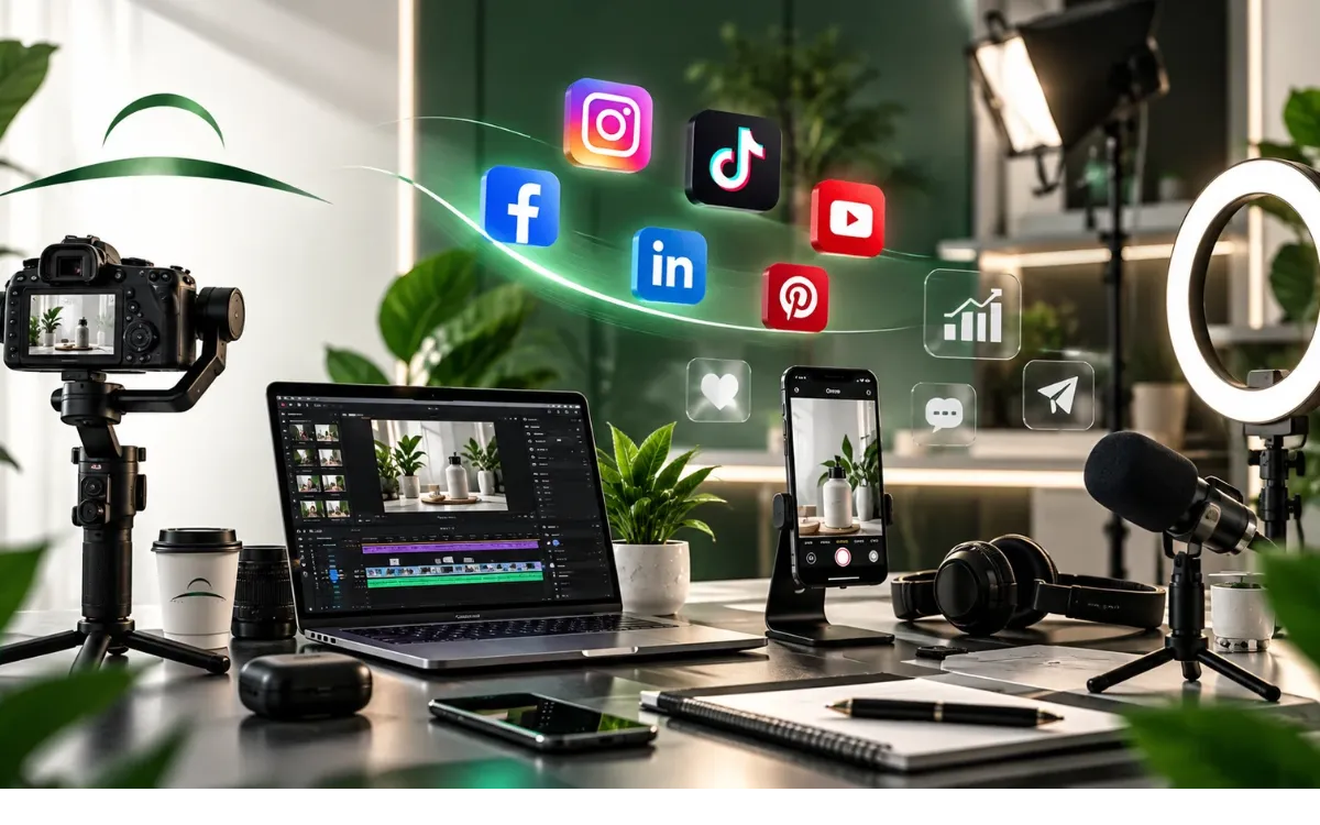 Studio de création de contenu : caméra, montage vidéo et réseaux sociaux