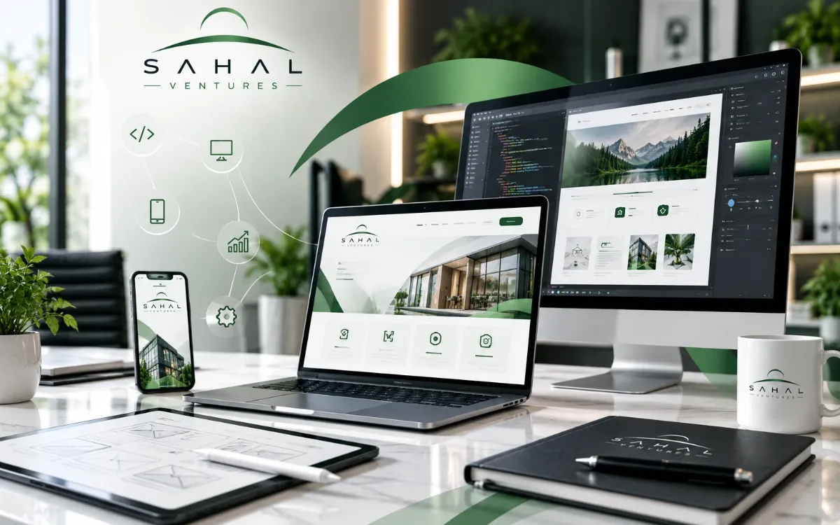 Maquette d’un site internet Sahal Ventures sur ordinateur, tablette et smartphone