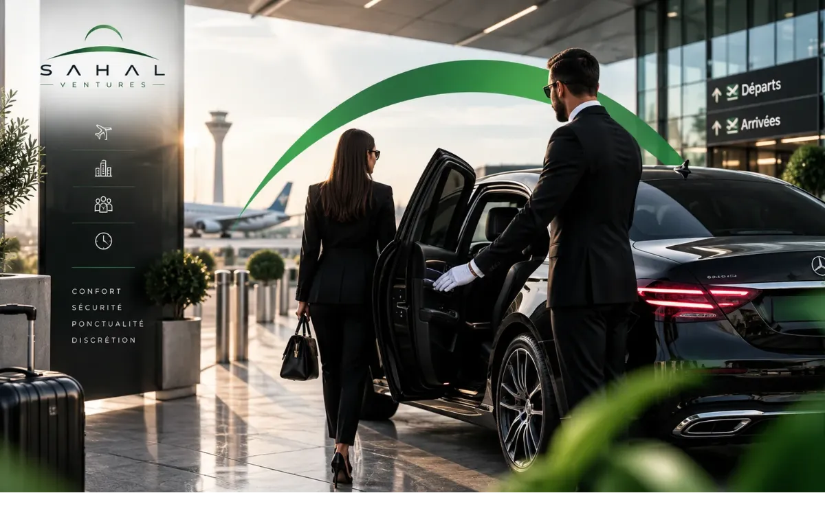 Chauffeur ouvrant la portière d’une berline devant un terminal d’aéroport